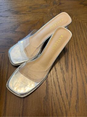Kayleen Clear Strap Silver Slide Heels
